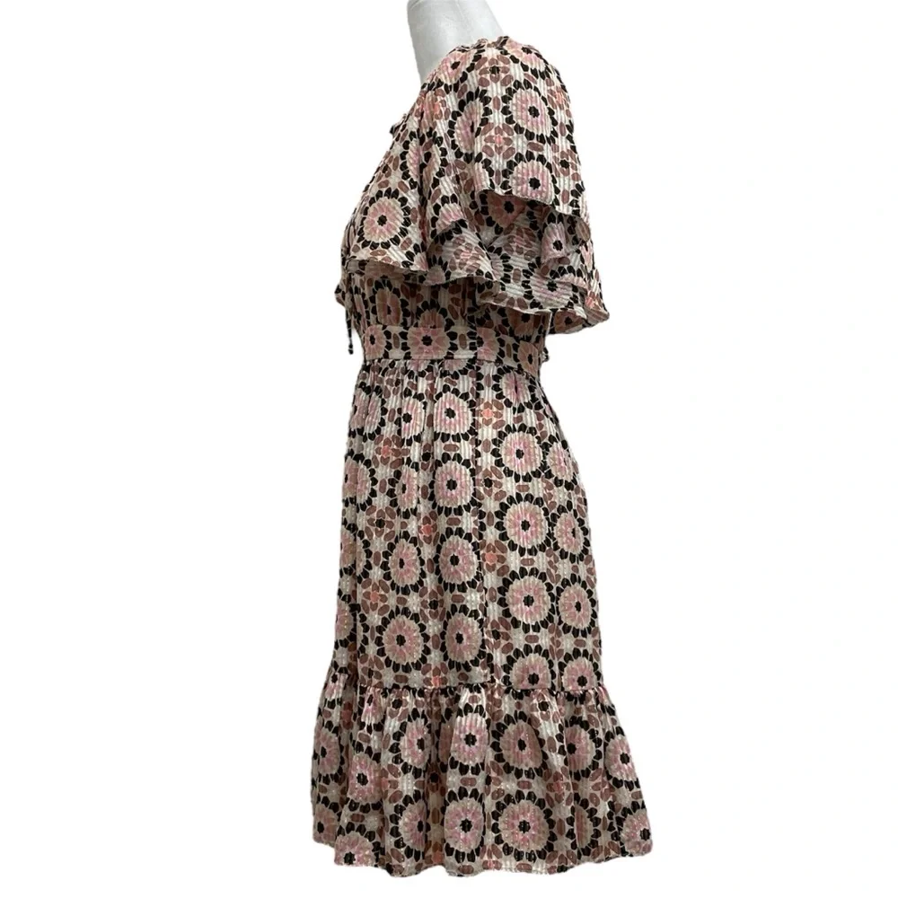 Kate Spade Pink By the Pool Mosaic Floral Print Metallic Stripe Ruffle Dress
